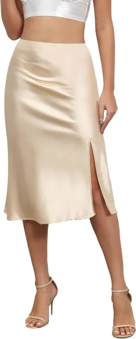 ALCEA ROSEA Womens Silky Satin Midi Skirt High Waist Elastic Waist A Line Skirt with Slit