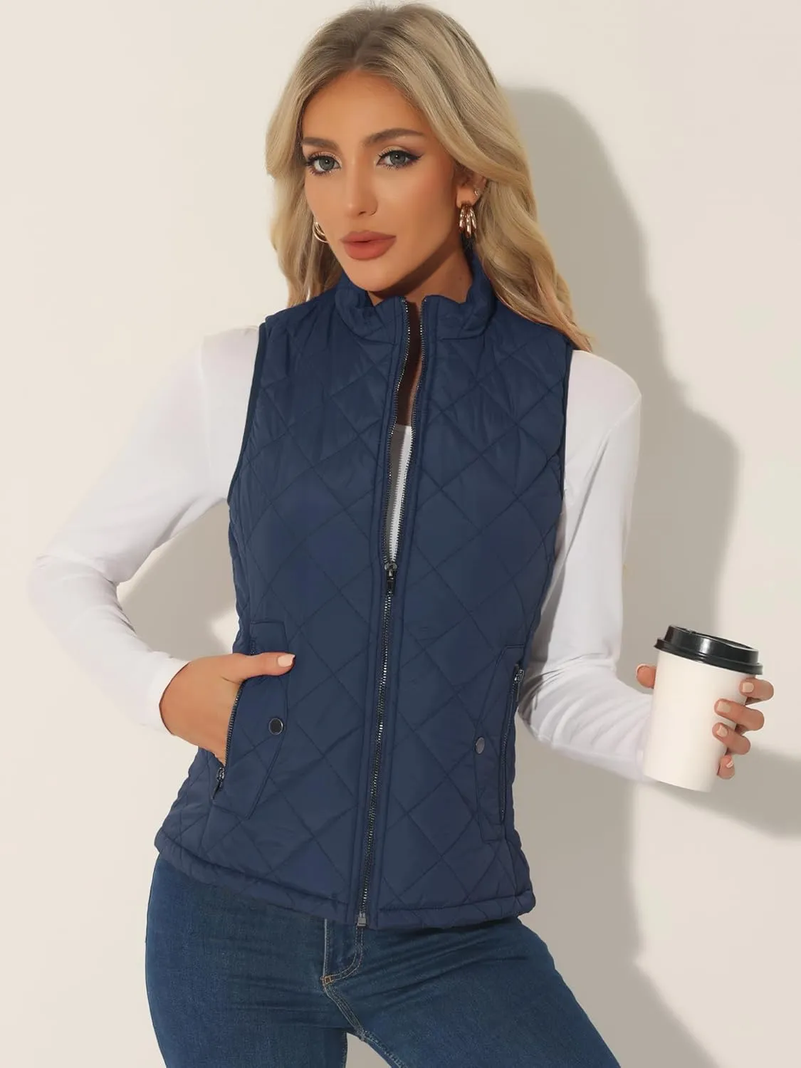 Allegra K Women's Puffer Vest Stand Collar Lightweight Gilet Quilted Zip Vest