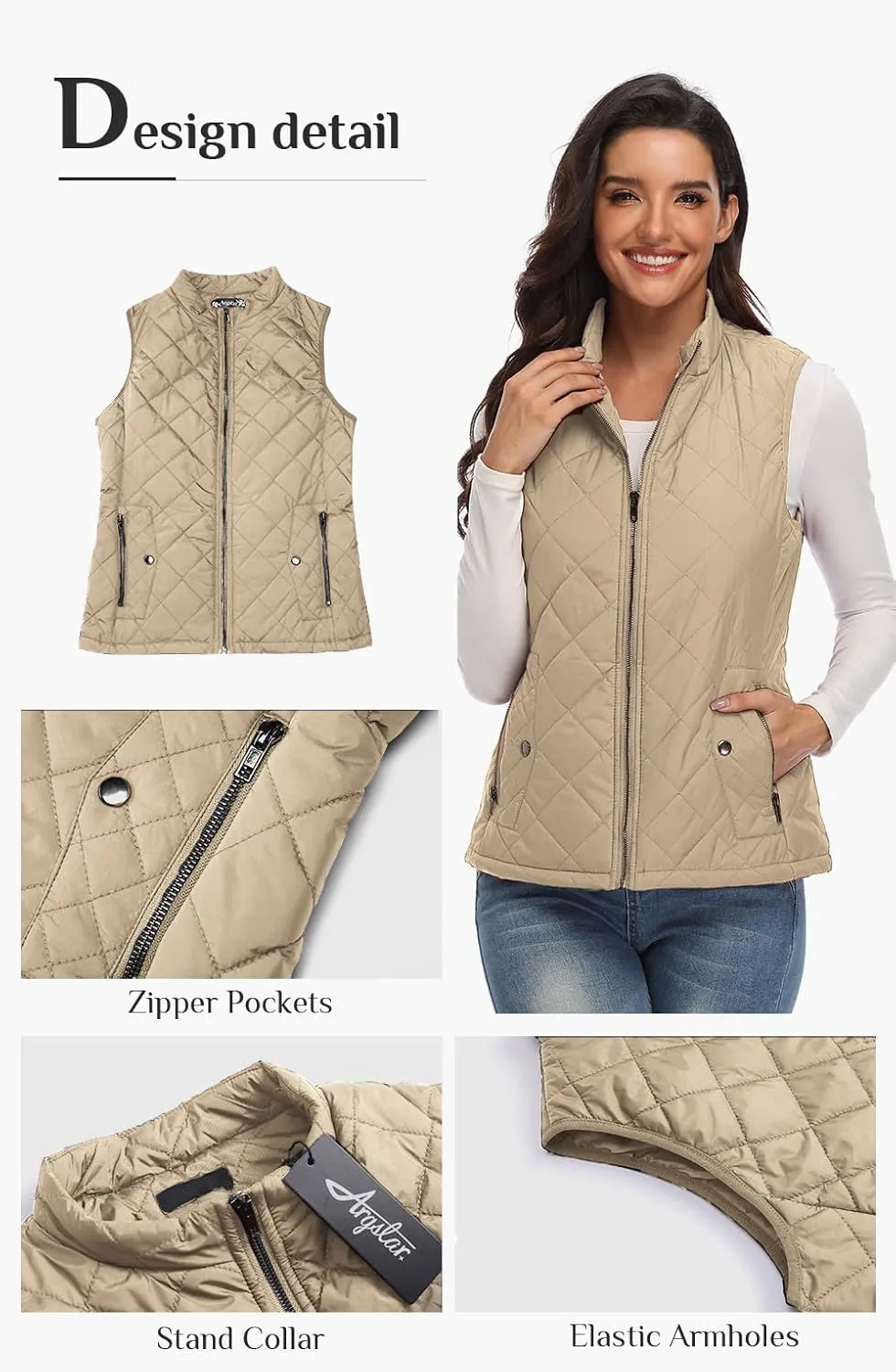 Argstar Women's Vest, Quilted Lightweight Zip Pockets Padded Gilet (XS-2XL)