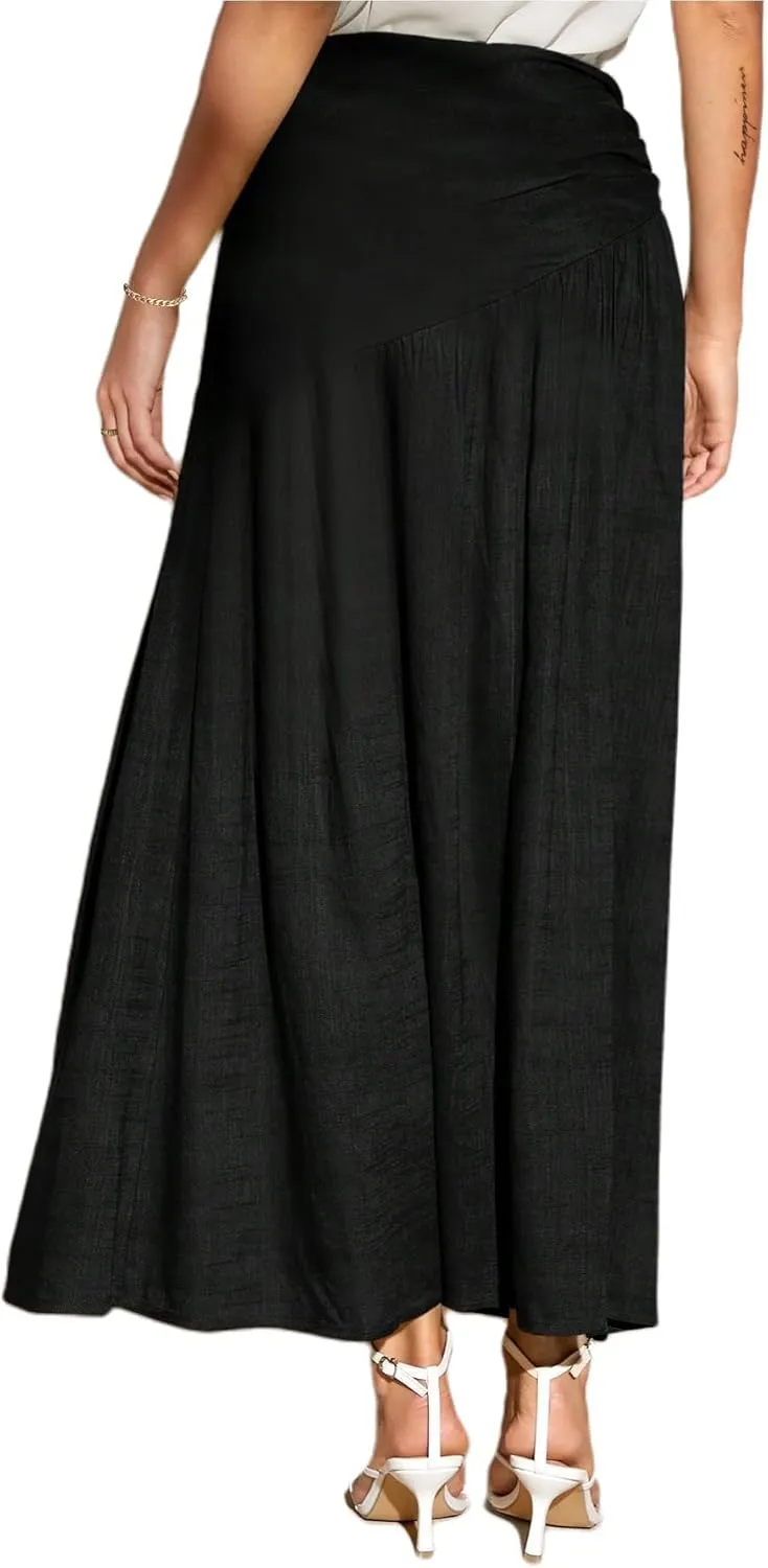 Avanova Women Side Slits Split Flared Elastic Long Skirt High Waist A Line Maxi Skirt