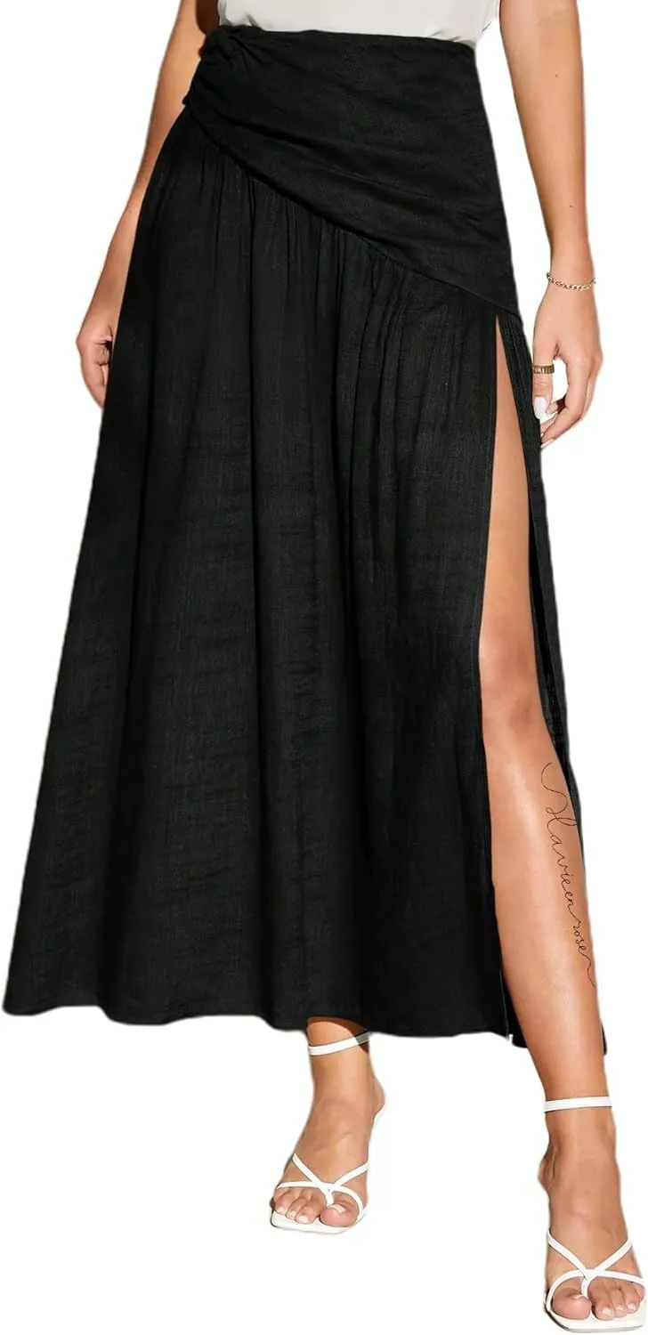 Avanova Women Side Slits Split Flared Elastic Long Skirt High Waist A Line Maxi Skirt