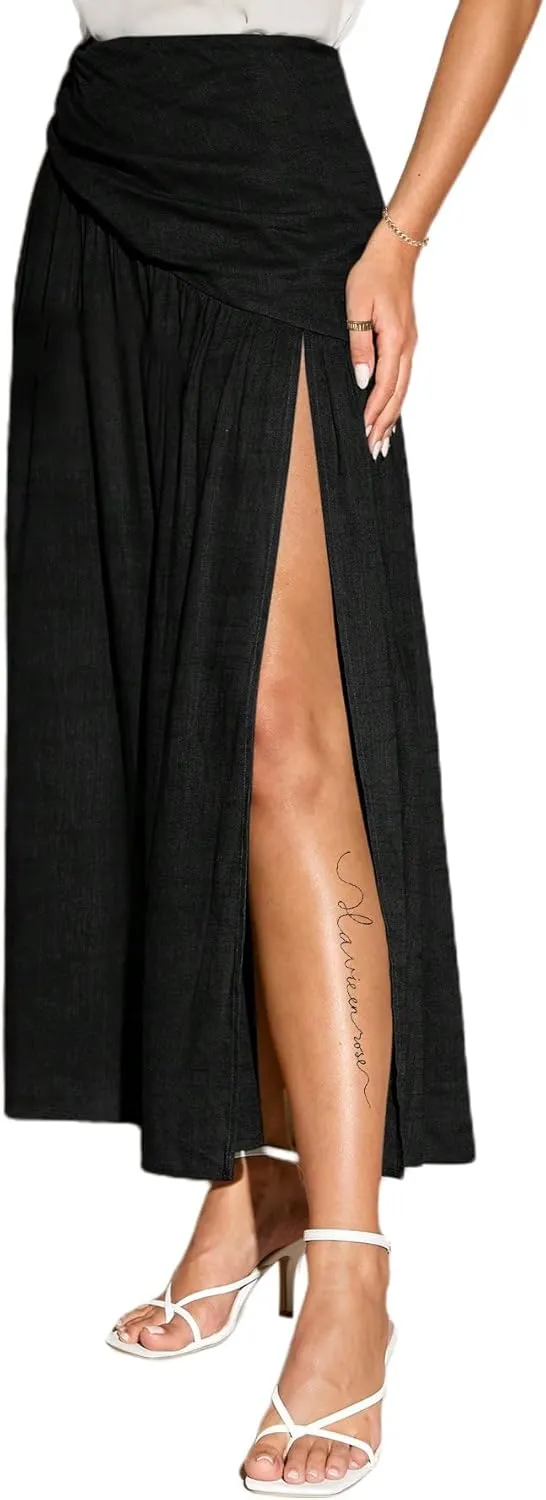 Avanova Women Side Slits Split Flared Elastic Long Skirt High Waist A Line Maxi Skirt