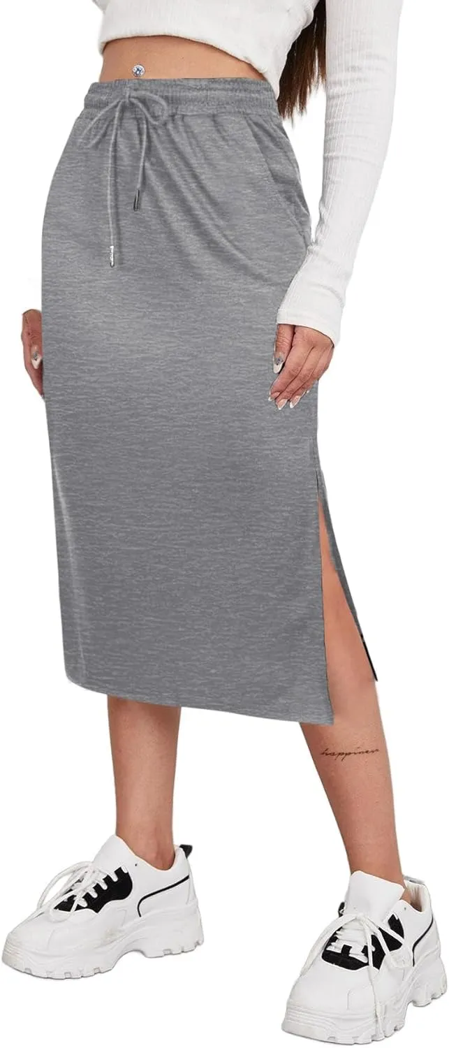 Avanova Women Slit Midi Skirt High Waisted Split Summer Casual Drawstring Pockets Sweat Skirt