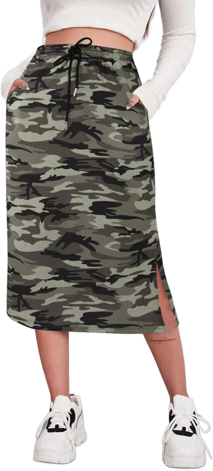 Avanova Women Slit Midi Skirt High Waisted Split Summer Casual Drawstring Pockets Sweat Skirt