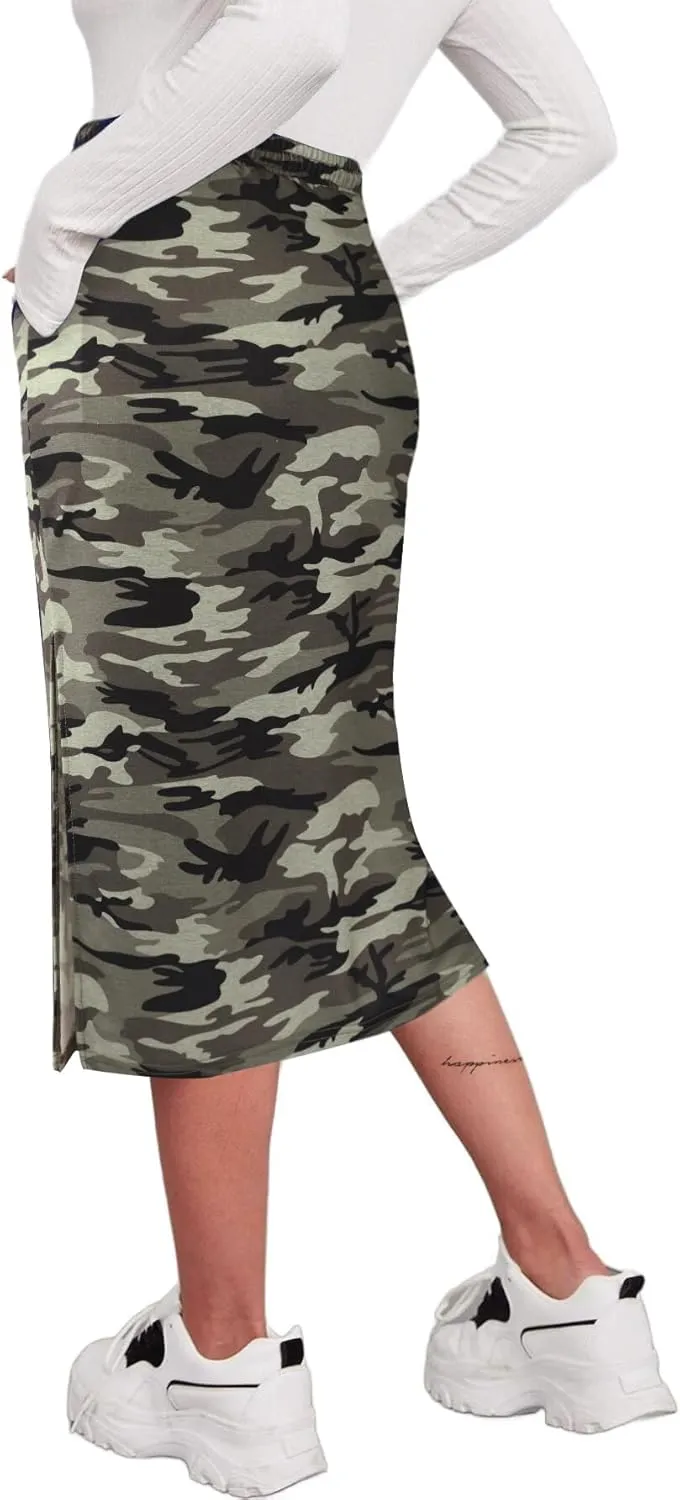 Avanova Women Slit Midi Skirt High Waisted Split Summer Casual Drawstring Pockets Sweat Skirt