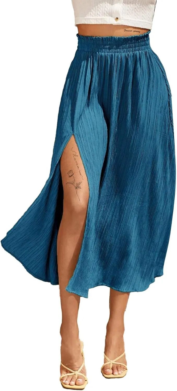 Avanova Women Slit Split High Waist Pleated Long Skirt Elastic Flowy Midi Skirt