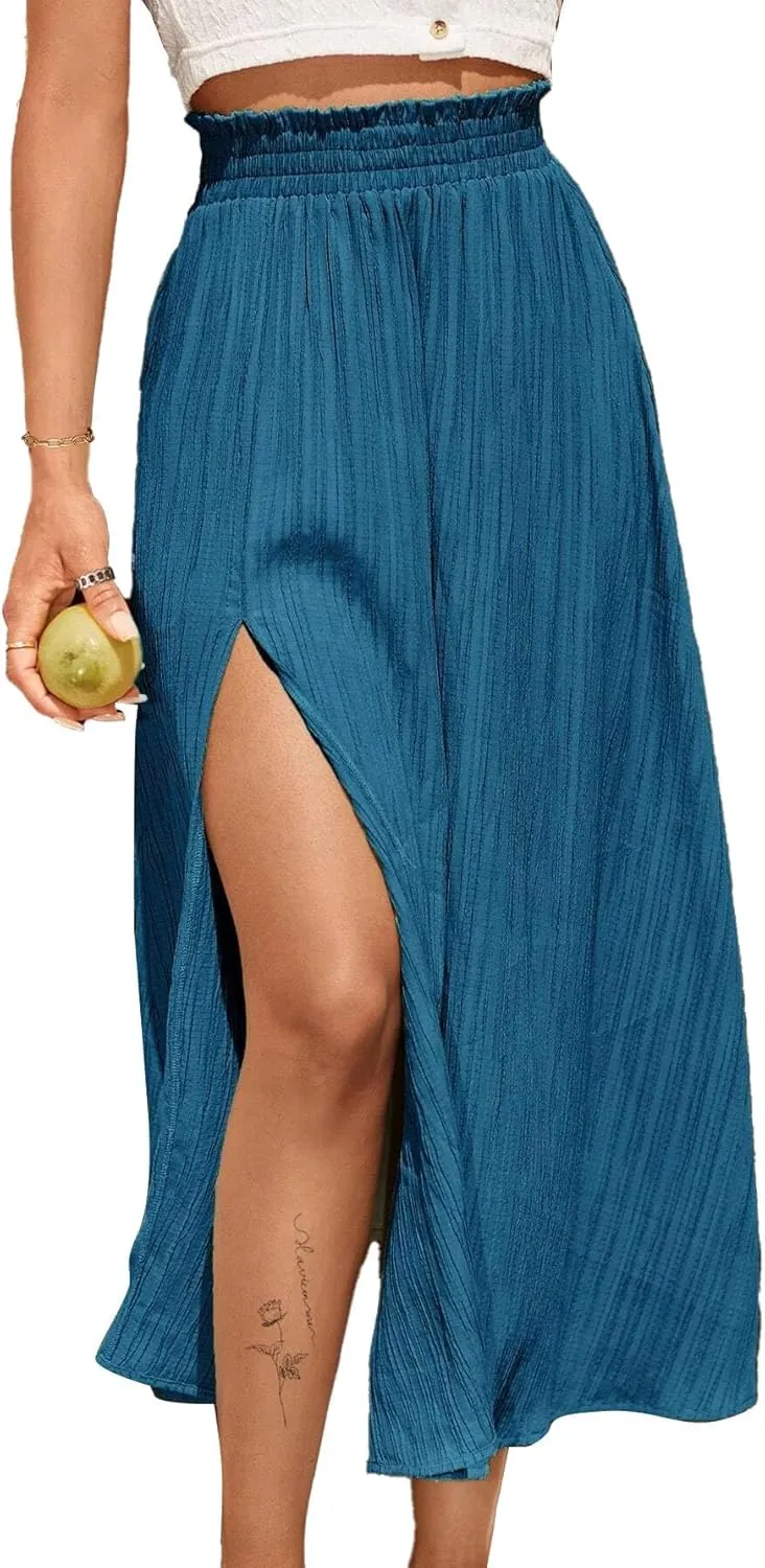 Avanova Women Slit Split High Waist Pleated Long Skirt Elastic Flowy Midi Skirt