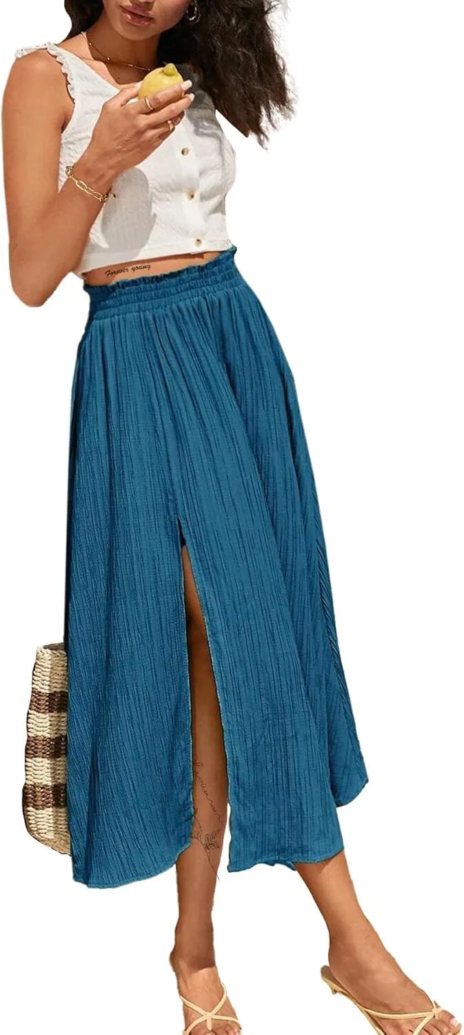Avanova Women Slit Split High Waist Pleated Long Skirt Elastic Flowy Midi Skirt
