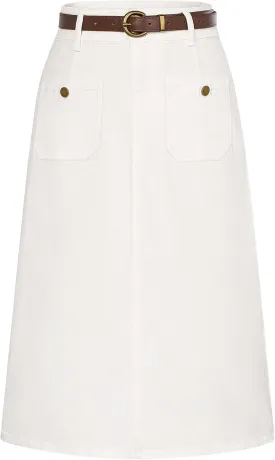 Belle Poque Denim Skirt with Belt Below Knee Length High Waisted Jean Skirts for Women