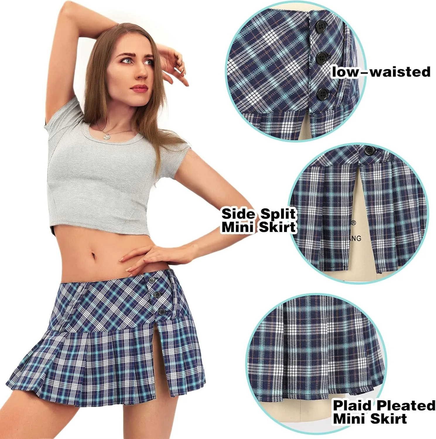C-ZOFEK Mini Plaid Slit Skirt Women's US Size Pleated Skirt Schoolgirl Uniform, Multicolour