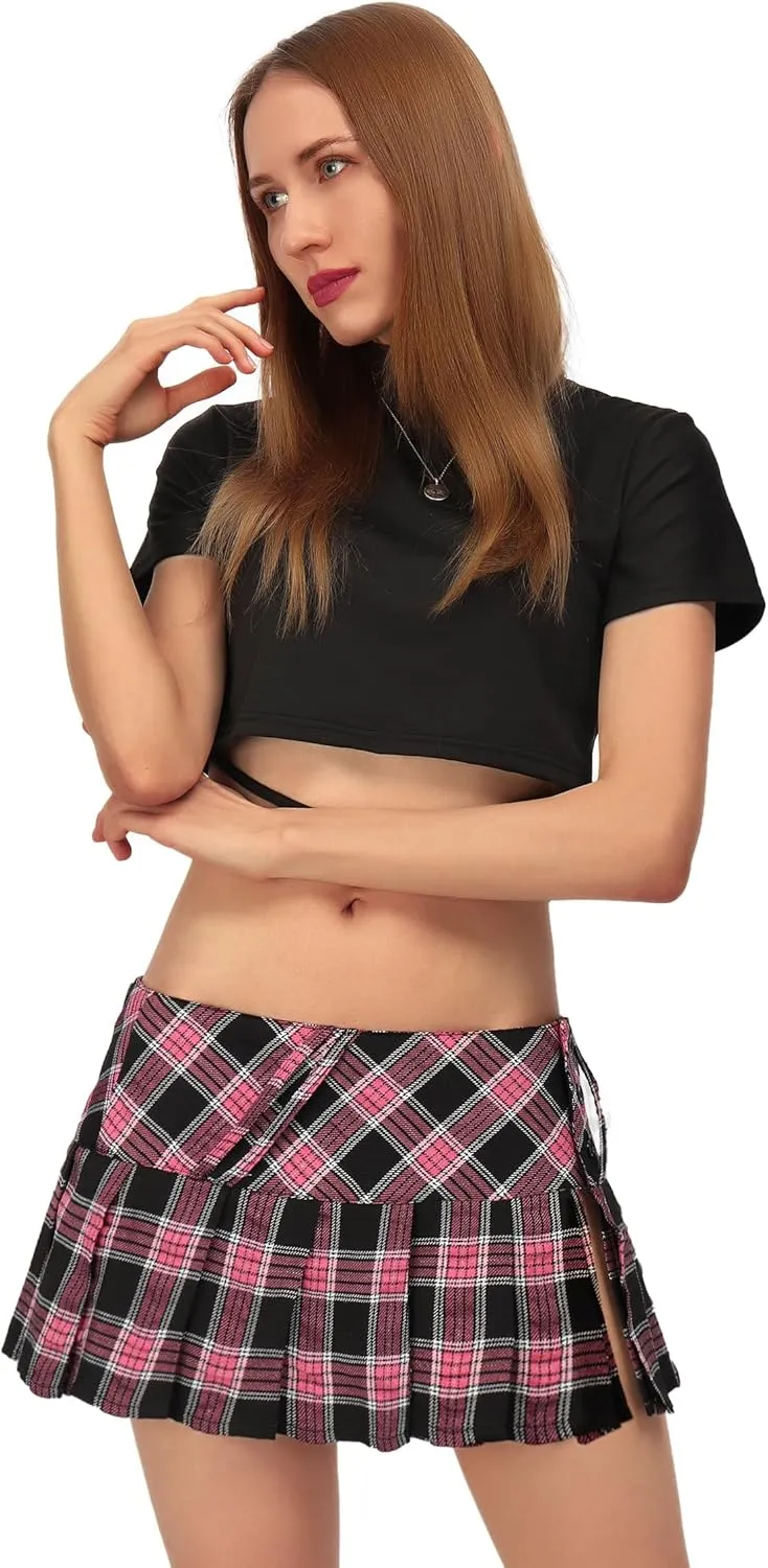 C-ZOFEK Mini Plaid Slit Skirt Women's US Size Pleated Skirt Schoolgirl Uniform, Multicolour