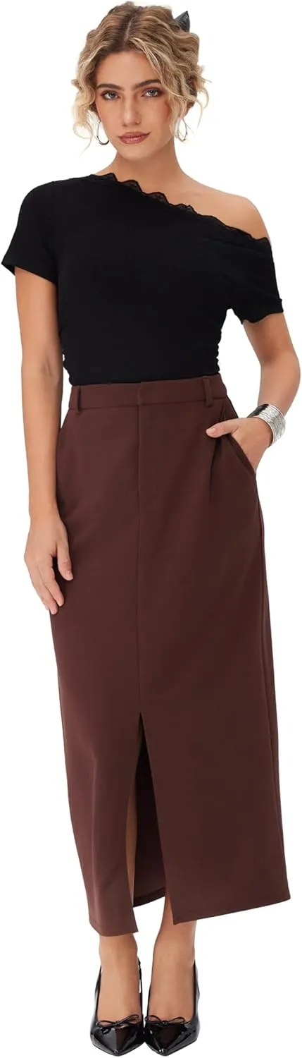 CIDER Women Midi Skirt High Waist Slit Pencil Skirt