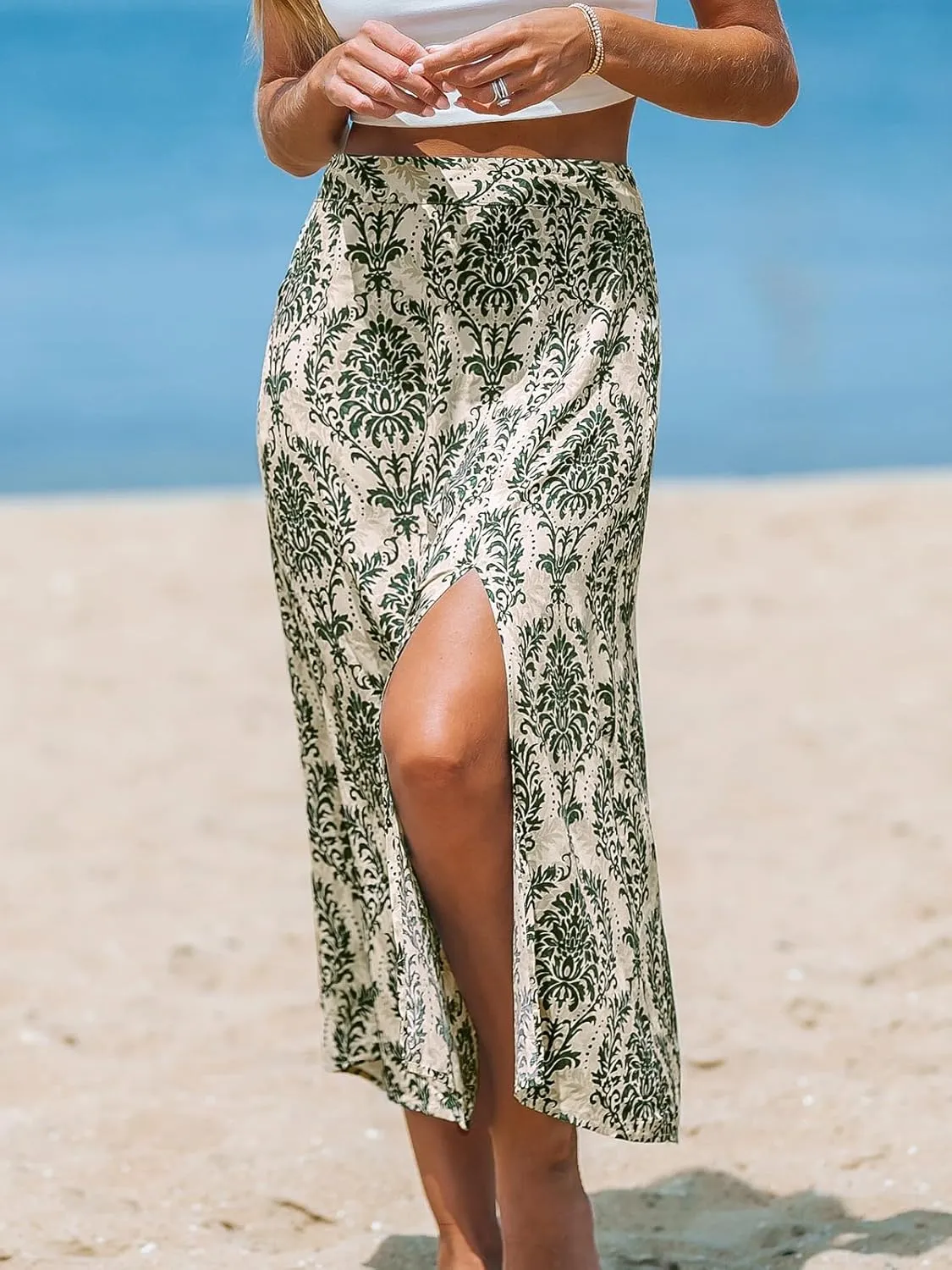 CUPSHE Skirts Woven Side Slit Midi Skirt High Waist Ornate Cover-Up Sarong Casual Vacation