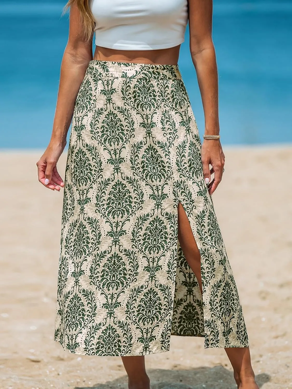 CUPSHE Skirts Woven Side Slit Midi Skirt High Waist Ornate Cover-Up Sarong Casual Vacation