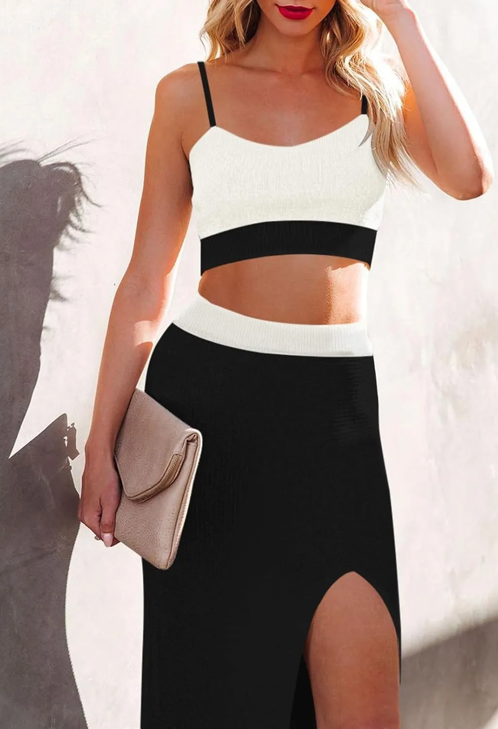 Cutiefox Women's Knit 2 Piece Dress Cami Crop Top High Side Slit Bodycon Long Skirt Set
