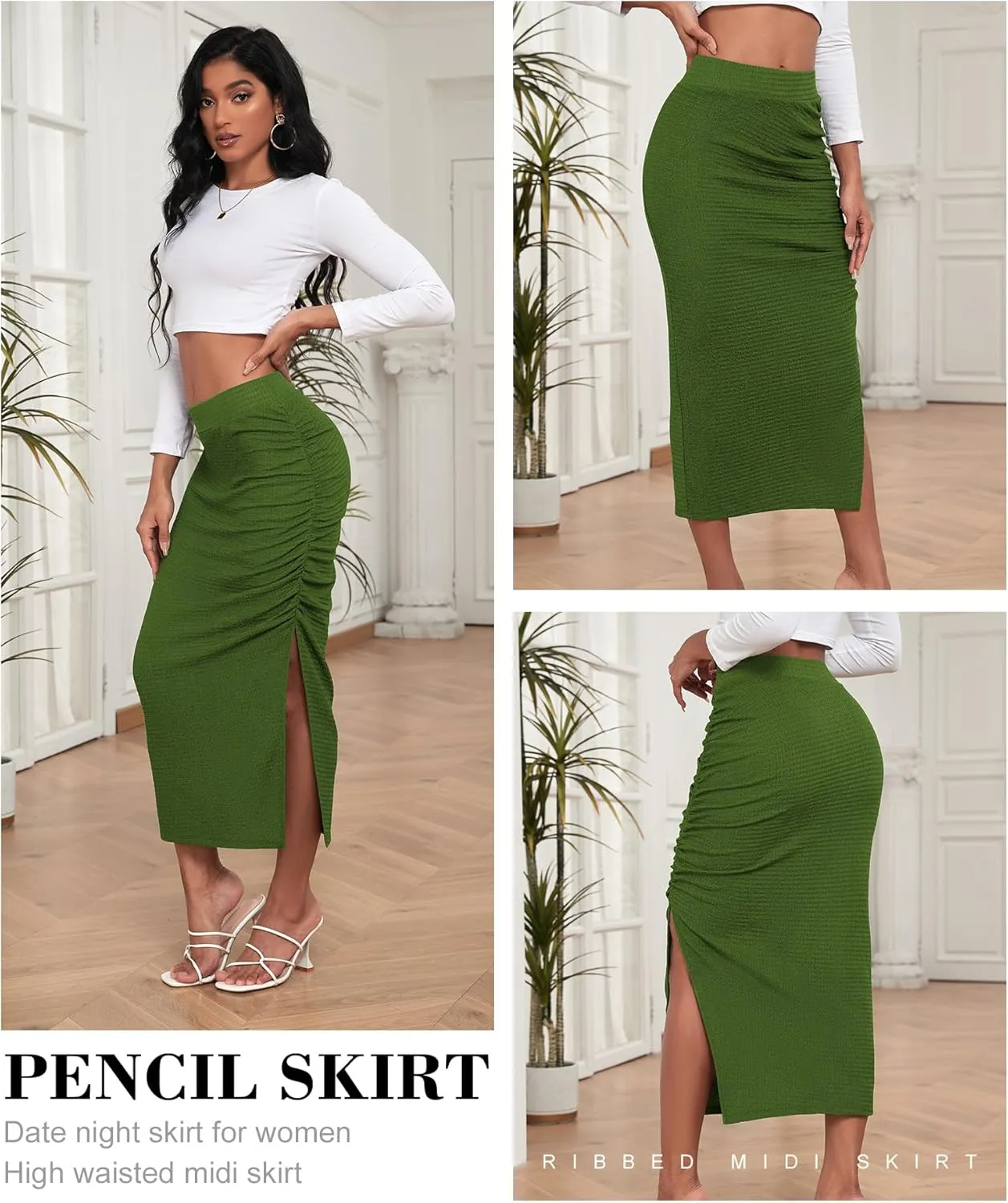 EARKOHA Pencil Midi Skirt for Women 2024 Fall Casual High Waist Ruched Ribbed Knit Stretchy Bodycon Skirt with Slit
