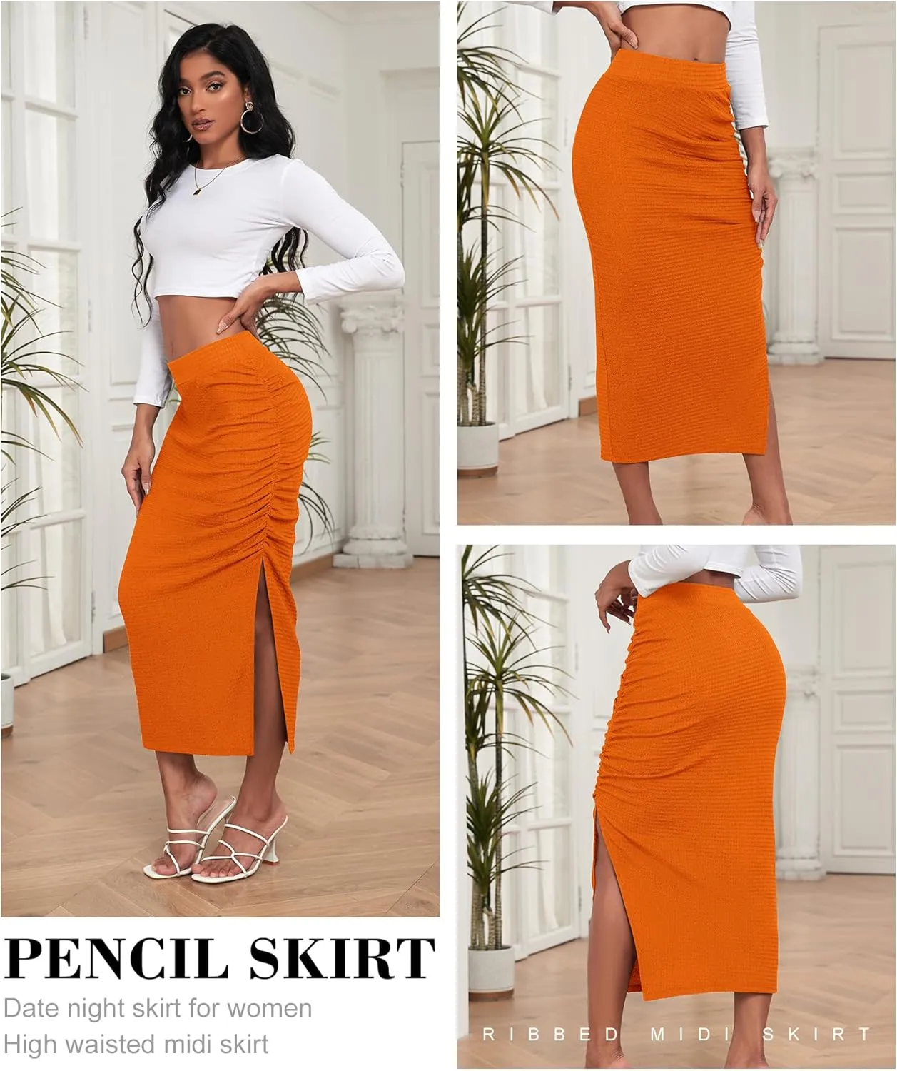 EARKOHA Pencil Midi Skirt for Women 2024 Fall Casual High Waist Ruched Ribbed Knit Stretchy Bodycon Skirt with Slit