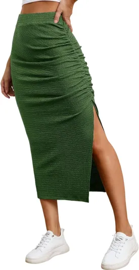 EARKOHA Pencil Midi Skirt for Women 2024 Fall Casual High Waist Ruched Ribbed Knit Stretchy Bodycon Skirt with Slit