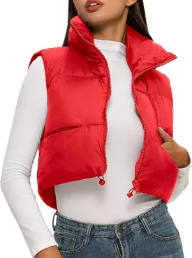 ELLEVEN Women's Cropped Puffer Vest with Pockets, High Stand Collar Crop Outerwear Lightweight Padded Gilet