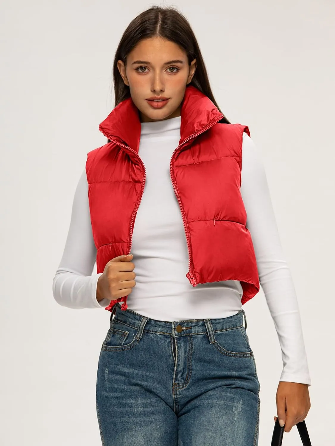 ELLEVEN Women's Cropped Puffer Vest with Pockets, High Stand Collar Crop Outerwear Lightweight Padded Gilet
