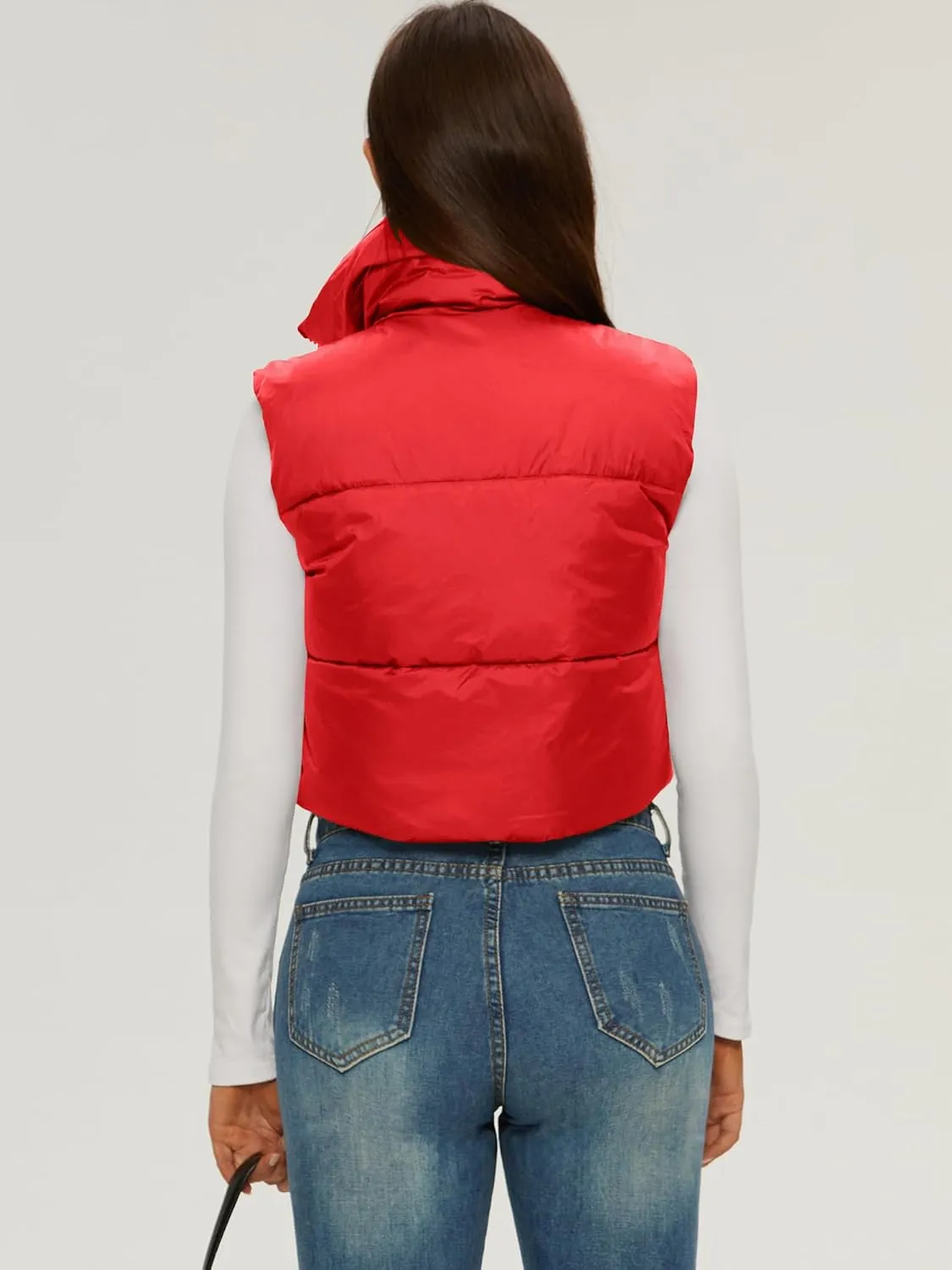 ELLEVEN Women's Cropped Puffer Vest with Pockets, High Stand Collar Crop Outerwear Lightweight Padded Gilet