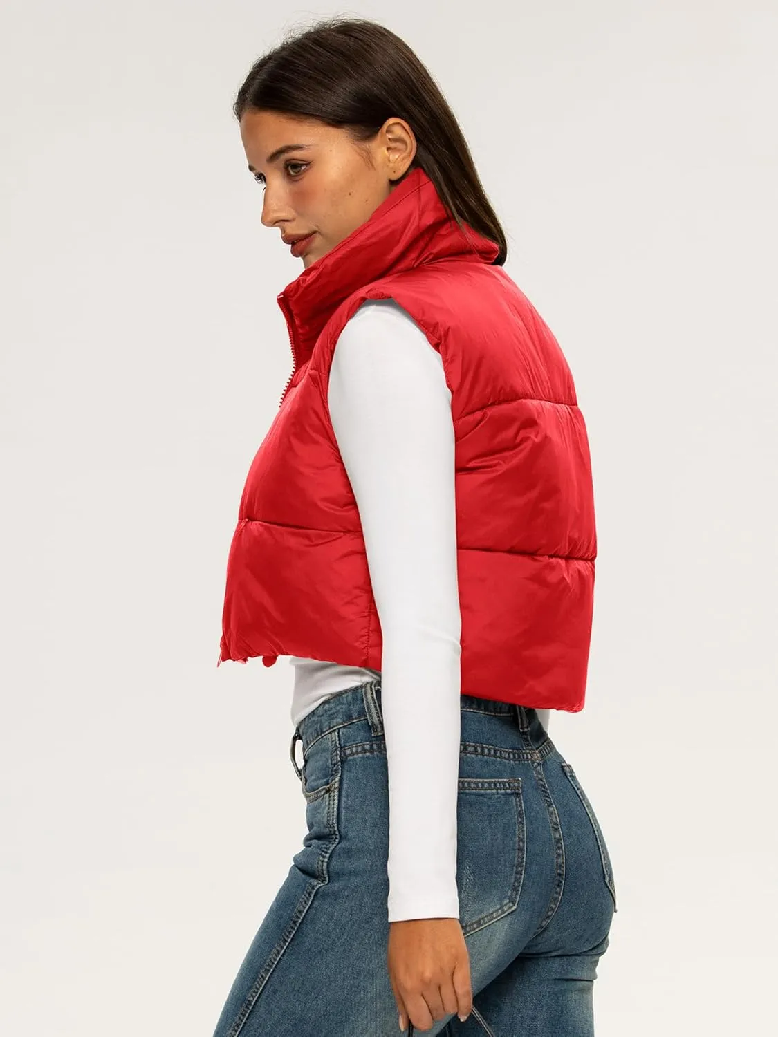 ELLEVEN Women's Cropped Puffer Vest with Pockets, High Stand Collar Crop Outerwear Lightweight Padded Gilet
