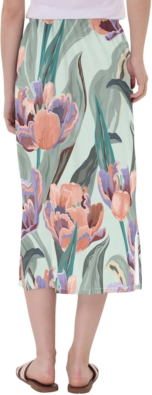 Exnundod Women's Midi Skirt Tulip Flowers Summer High Elastic Waist Skirt Tropical Leaves Weekend Skirt S-XXL
