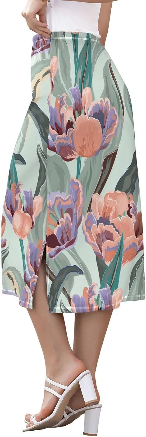 Exnundod Women's Midi Skirt Tulip Flowers Summer High Elastic Waist Skirt Tropical Leaves Weekend Skirt S-XXL