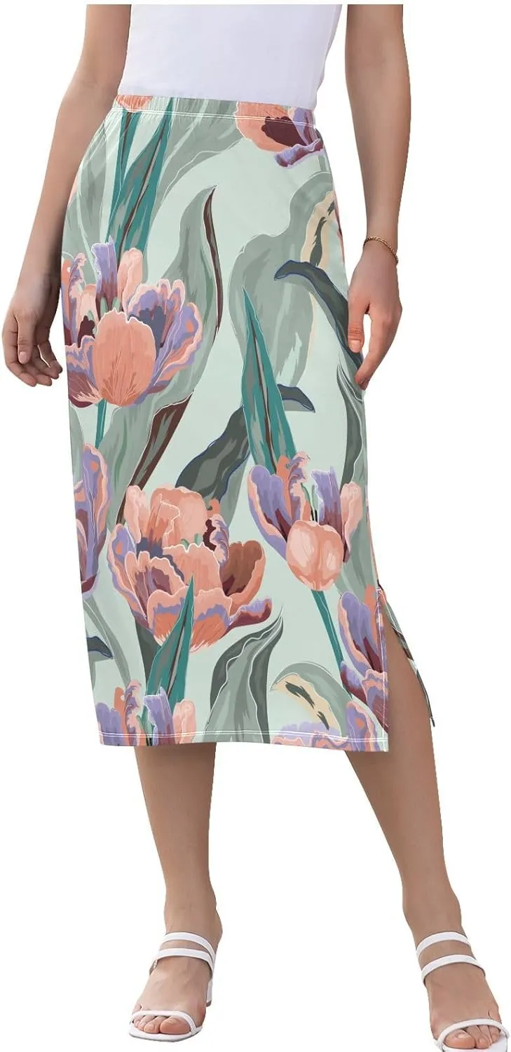 Exnundod Women's Midi Skirt Tulip Flowers Summer High Elastic Waist Skirt Tropical Leaves Weekend Skirt S-XXL