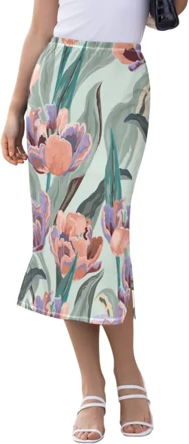 Exnundod Women's Midi Skirt Tulip Flowers Summer High Elastic Waist Skirt Tropical Leaves Weekend Skirt S-XXL
