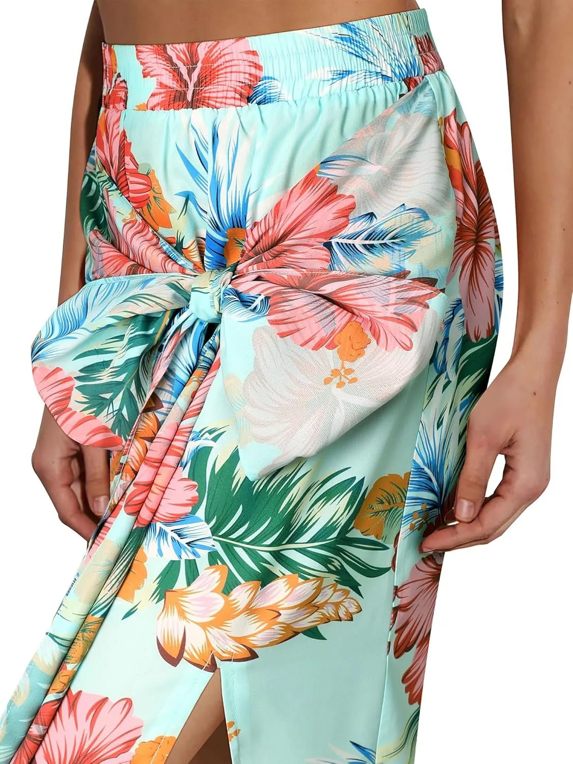 Ezcosplay Women Hawaiian Midi Skirt with Slit Tropical Floral Long Skirt Self Bow Tie Vacation Beach Split Skirts