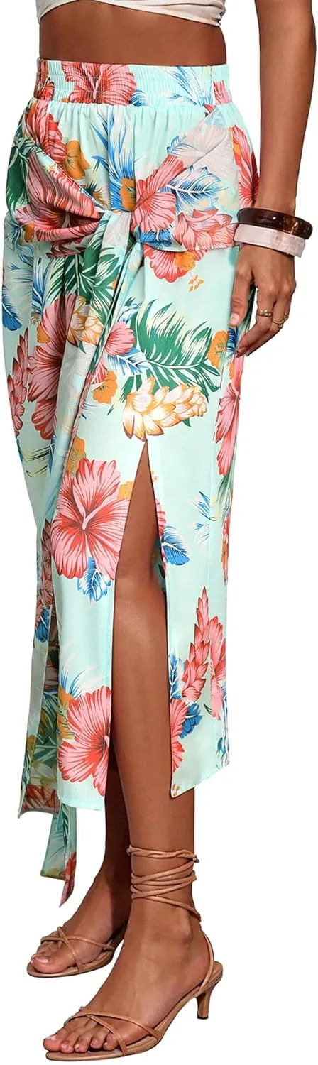 Ezcosplay Women Hawaiian Midi Skirt with Slit Tropical Floral Long Skirt Self Bow Tie Vacation Beach Split Skirts