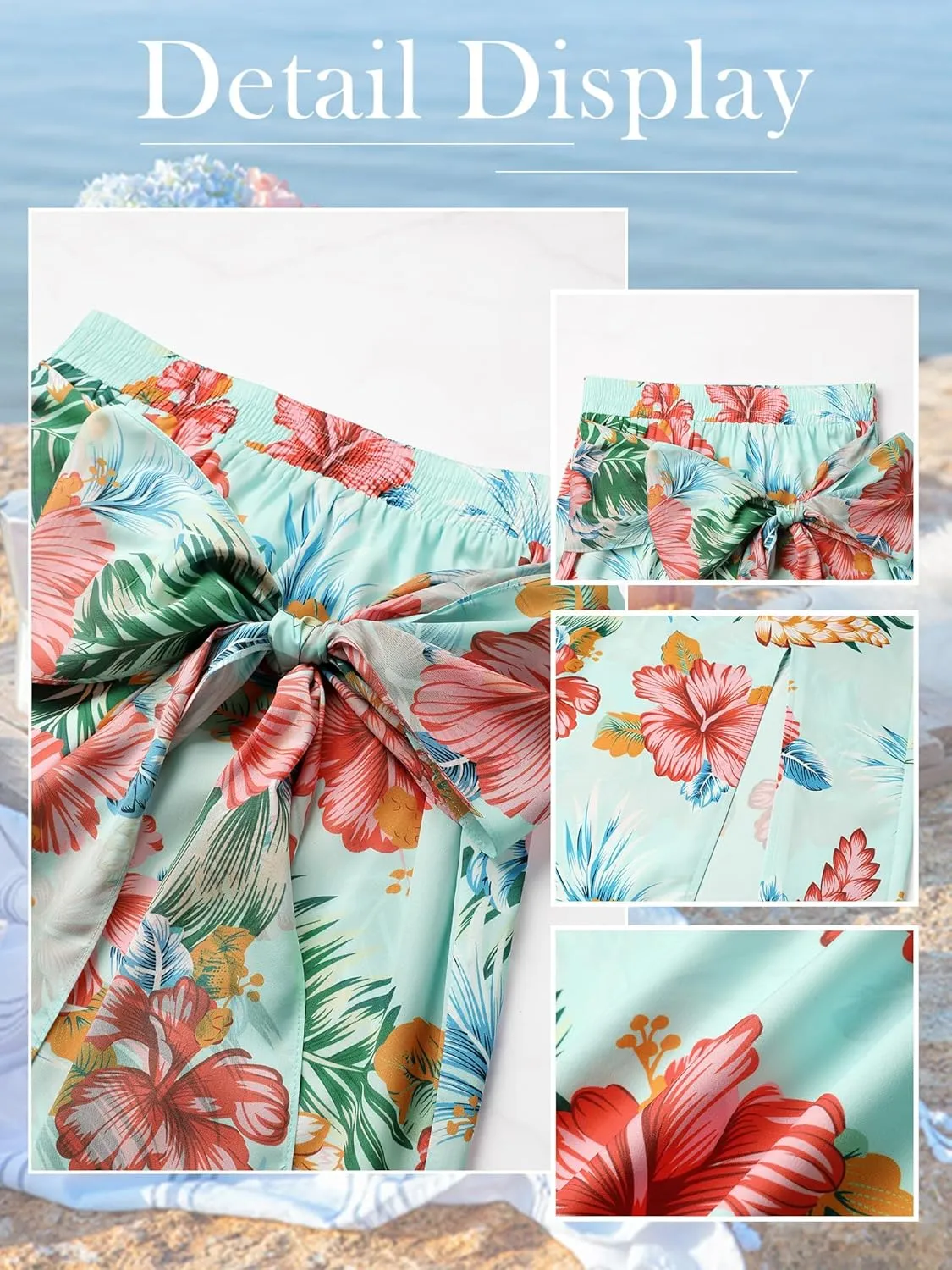 Ezcosplay Women Hawaiian Midi Skirt with Slit Tropical Floral Long Skirt Self Bow Tie Vacation Beach Split Skirts