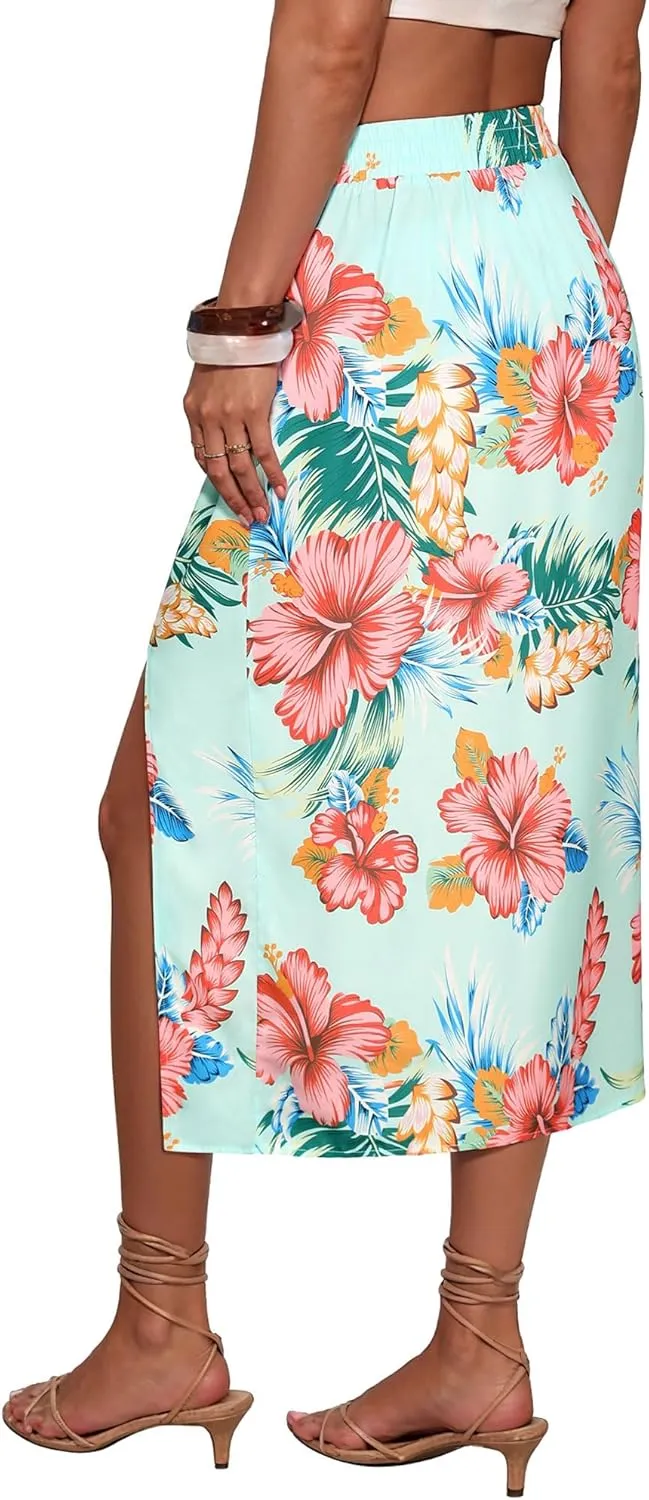 Ezcosplay Women Hawaiian Midi Skirt with Slit Tropical Floral Long Skirt Self Bow Tie Vacation Beach Split Skirts