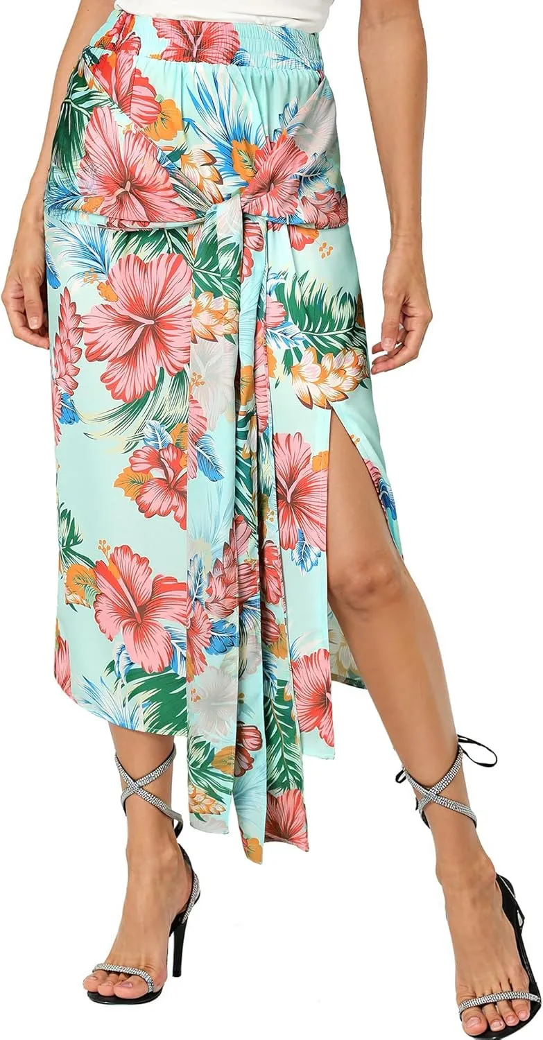 Ezcosplay Women Hawaiian Midi Skirt with Slit Tropical Floral Long Skirt Self Bow Tie Vacation Beach Split Skirts