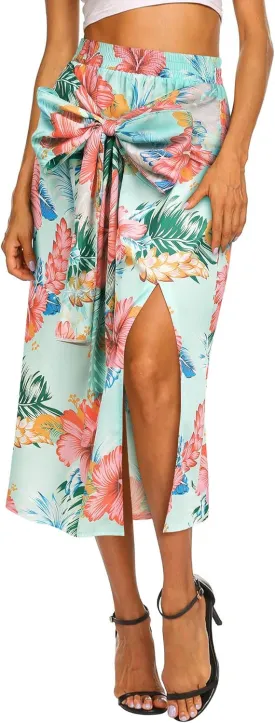 Ezcosplay Women Hawaiian Midi Skirt with Slit Tropical Floral Long Skirt Self Bow Tie Vacation Beach Split Skirts