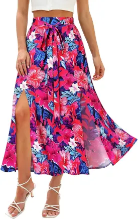 Ezcosplay Women Maxi Hawaiian Floral Slit Skirt High Elastic Waisted Split Thigh Long Skirts with Pockets