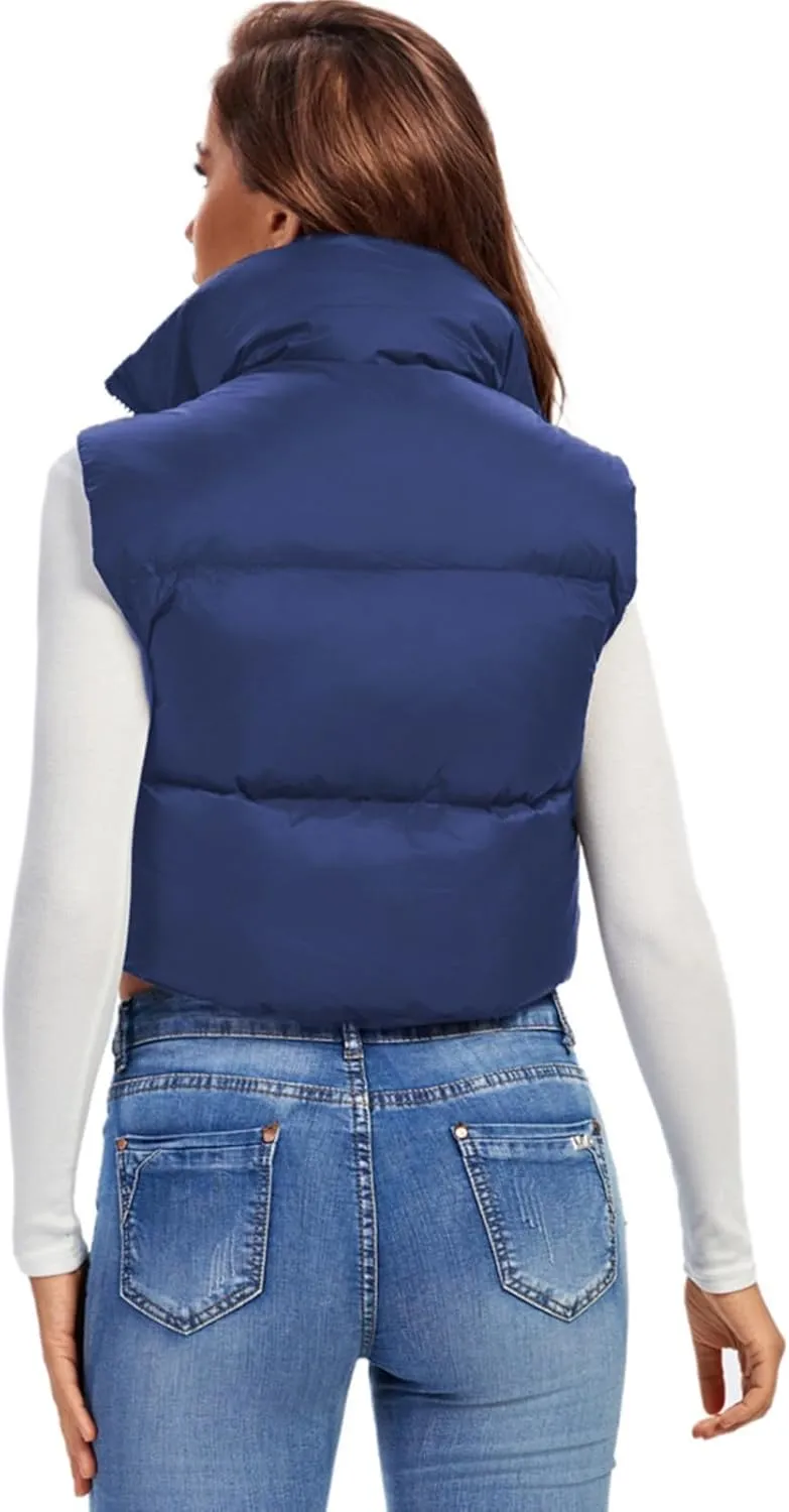 Fuinloth Women's Padded Vest, High Stand Collar Lightweight Zip Crop Puffer Gilet