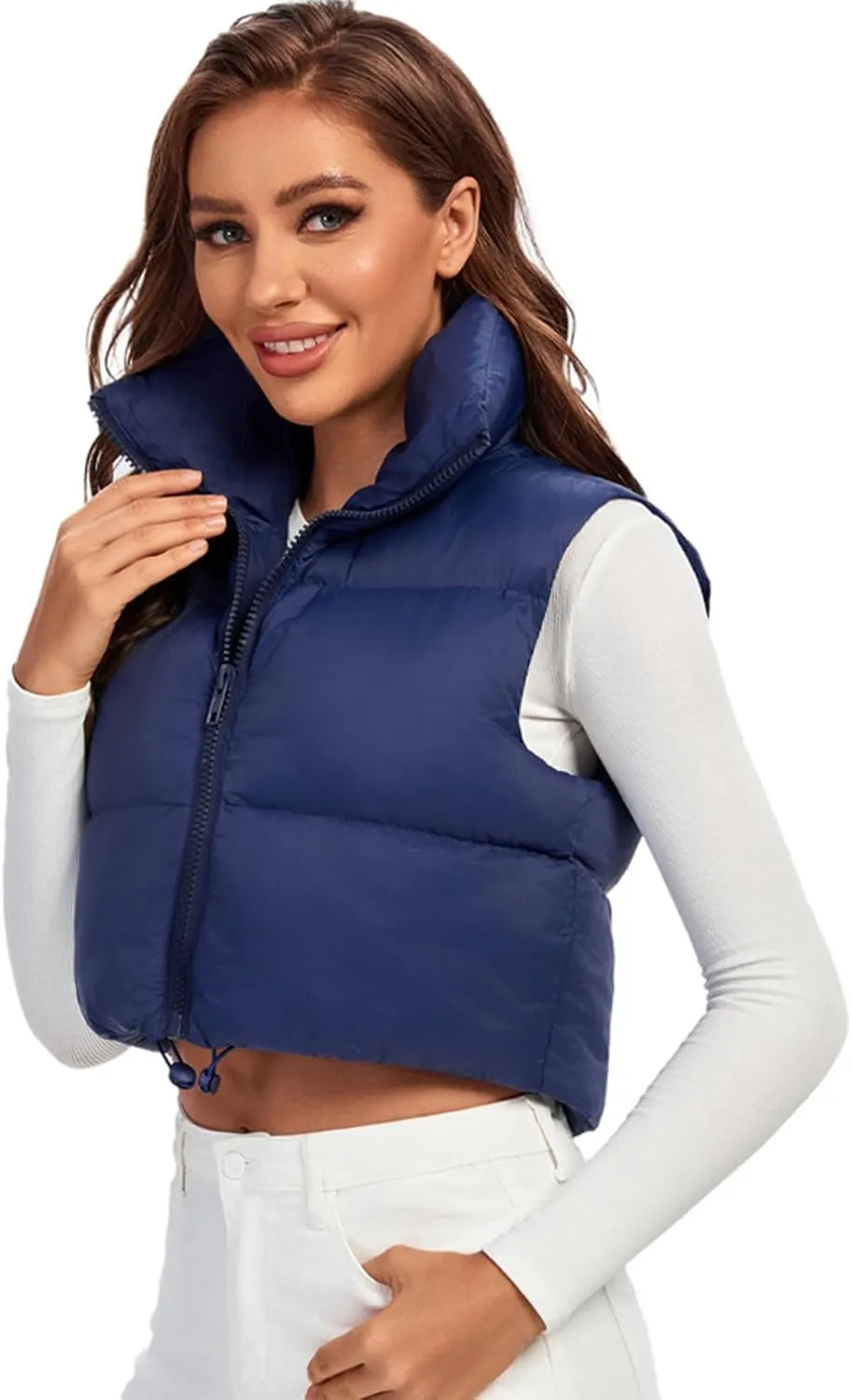 Fuinloth Women's Padded Vest, High Stand Collar Lightweight Zip Crop Puffer Gilet