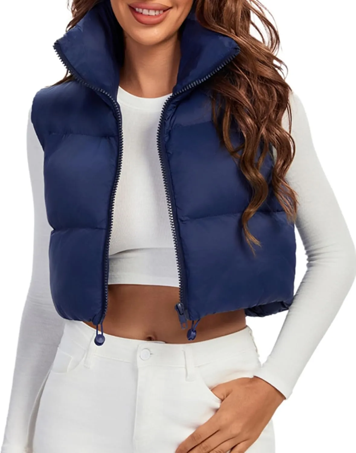 Fuinloth Women's Padded Vest, High Stand Collar Lightweight Zip Crop Puffer Gilet