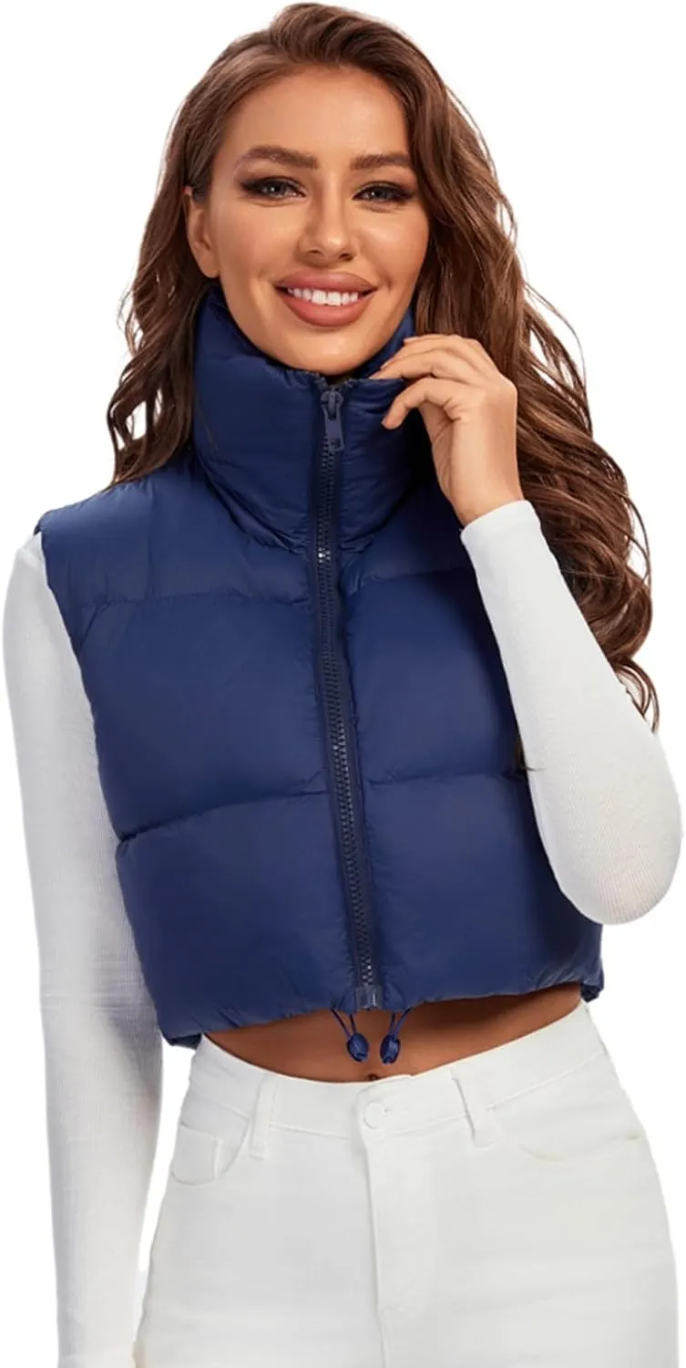 Fuinloth Women's Padded Vest, High Stand Collar Lightweight Zip Crop Puffer Gilet