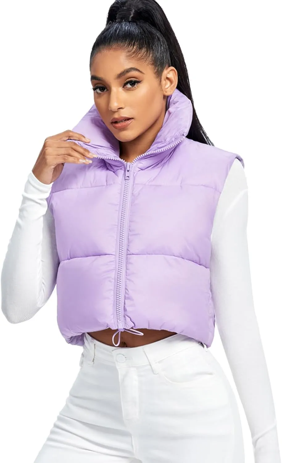 Fuinloth Women's Padded Vest, High Stand Collar Lightweight Zip Crop Puffer Gilet