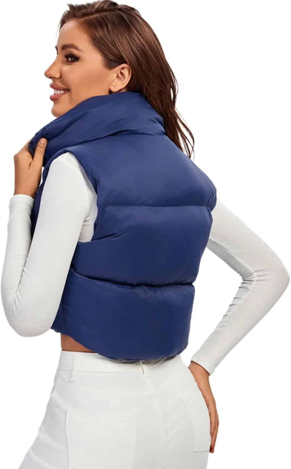 Fuinloth Women's Padded Vest, High Stand Collar Lightweight Zip Crop Puffer Gilet