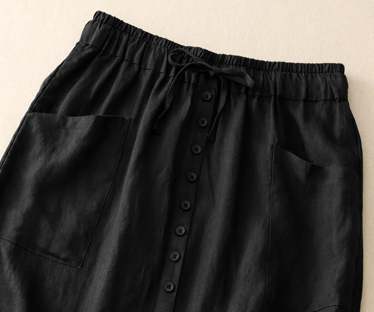 IDEALSANXUN Linen Skirts for Women Summer A Line Flowy Casual Drawstring High Waist Button Down Midi Skirts with Slit