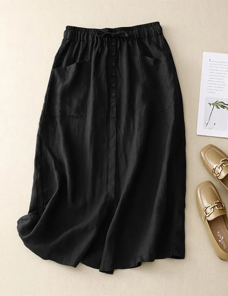 IDEALSANXUN Linen Skirts for Women Summer A Line Flowy Casual Drawstring High Waist Button Down Midi Skirts with Slit