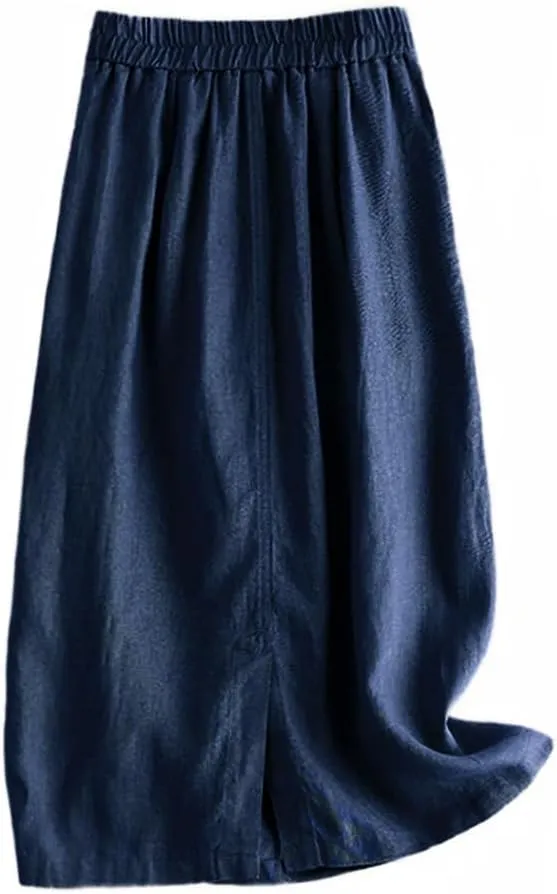Kinghua Womens Linen Skirt Elastic High Waisted Casual Straight Cotton Linen Midi Skirt with Slit