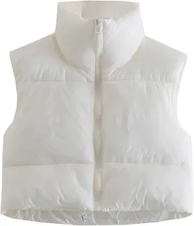 Kissonic Women's Padded Down Vest Puffer Stand Collar Zip Up Crop Sleeveless Jacket