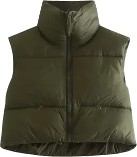 Kissonic Women's Padded Down Vest Puffer Stand Collar Zip Up Crop Sleeveless Jacket