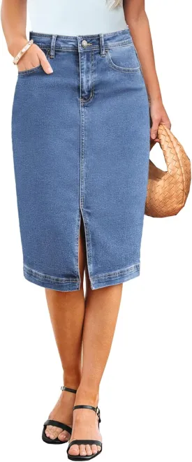 luvamia Jean Skirts for Women Denim Trendy Summer Casual Stretchy High Waisted Midi Below Knee Pencil Skirt with Slit