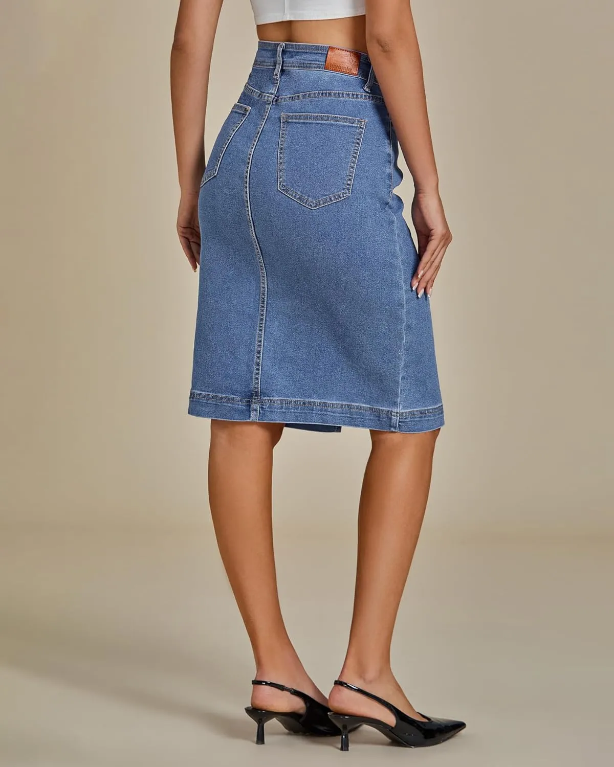 luvamia Jean Skirts for Women Denim Trendy Summer Casual Stretchy High Waisted Midi Below Knee Pencil Skirt with Slit